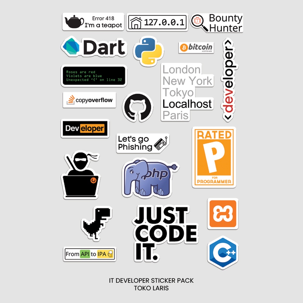 Sticker Pack 20 PCS Tema Teknologi Programming Untuk Laptop, Tumblr, Helm, Case | Sticker Laptop, Sticker Tumblr