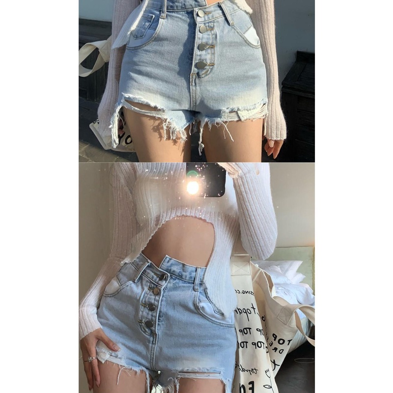 Suhao Tidak Teratur High Waist Breasted Merobek Burr Celana Pendek Denim Wanita Musim Panas Baru Ret