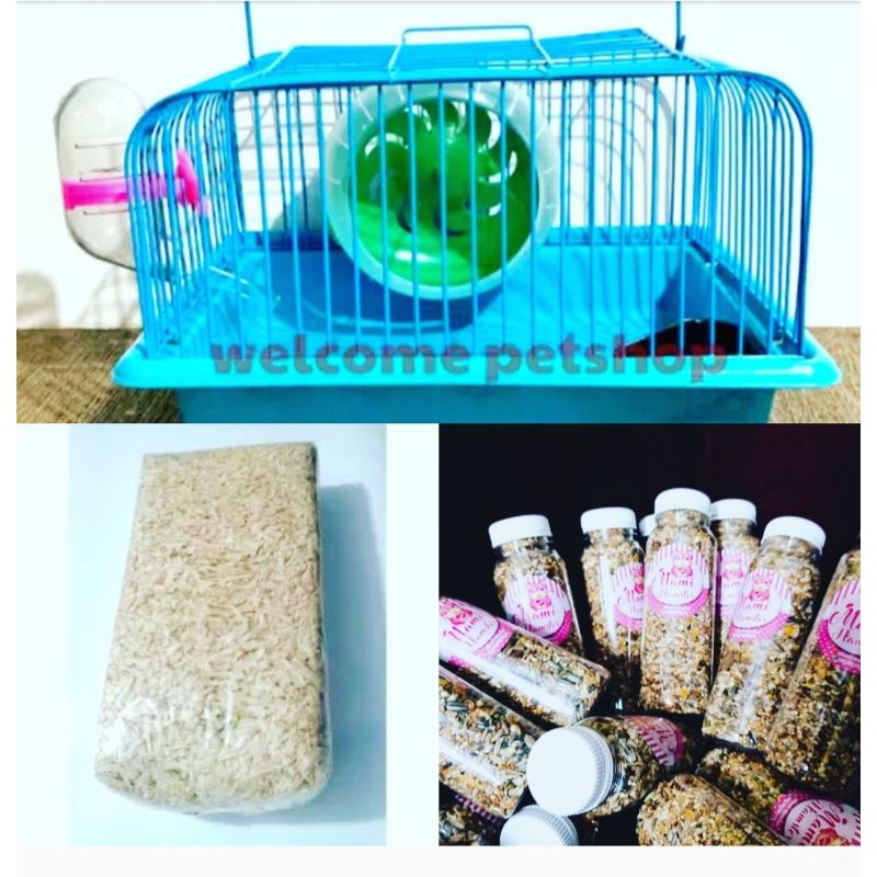 Paket ekonomis set kandang mini + serbuk + food hamster dapat semua