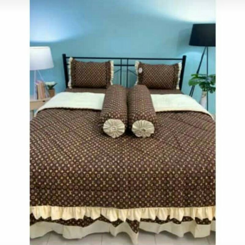 Sprei katun rumbai set bedcover motif LV ukuran 100x200-200x200