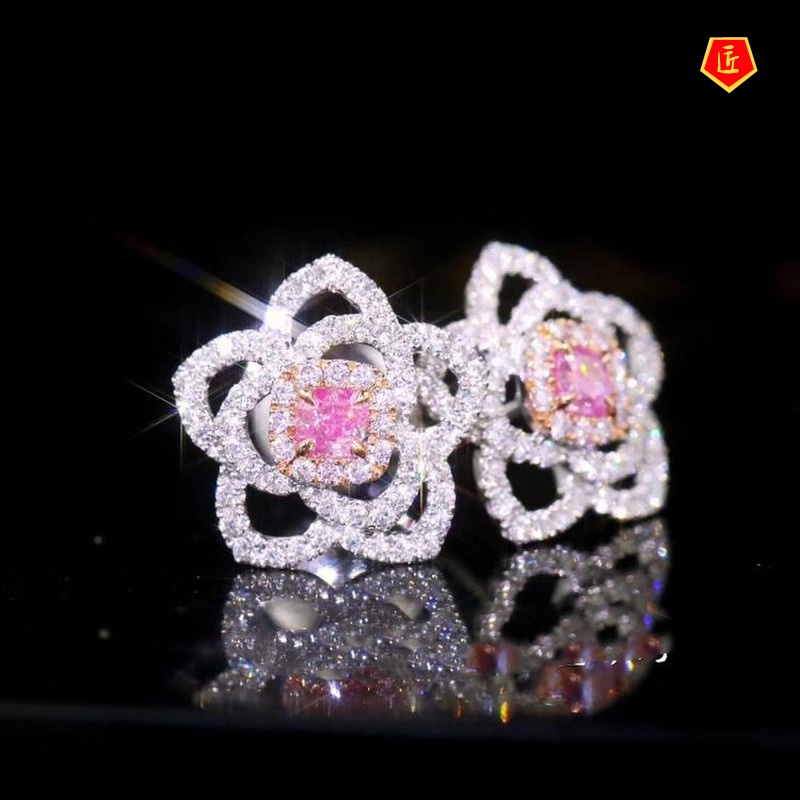 [Ready Stock]Luxury Flower Pink Diamond Stud Earrings