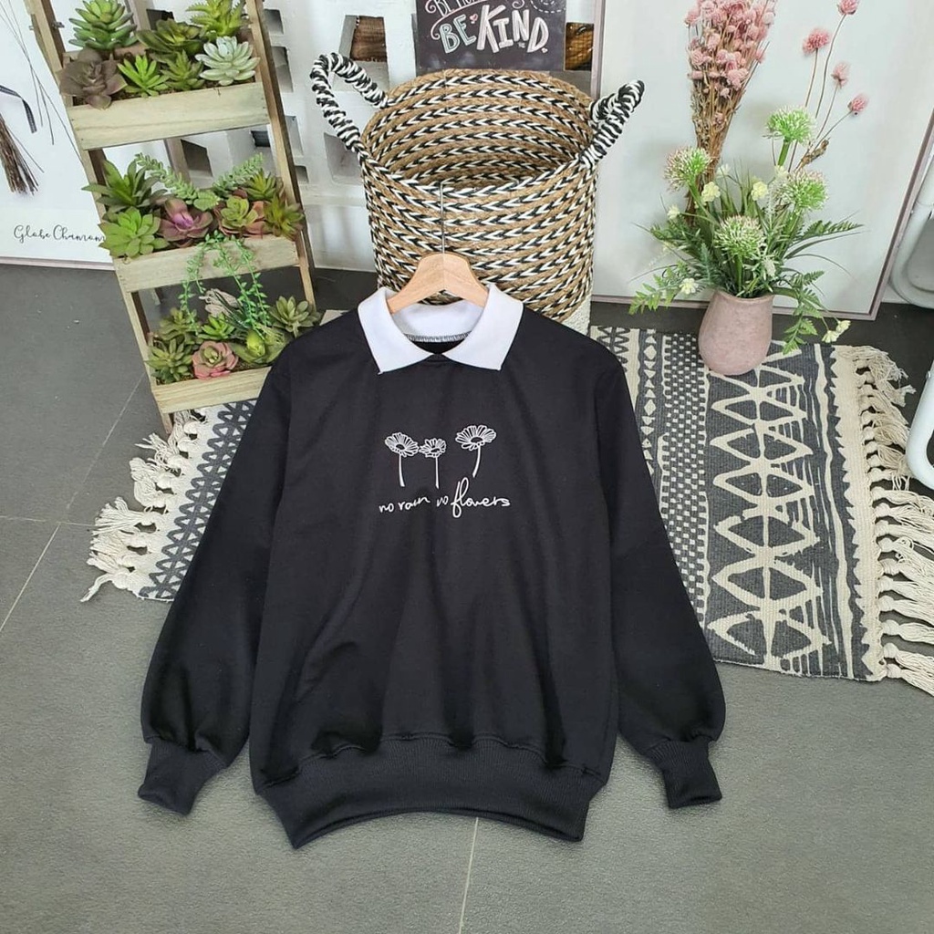 Sweater Wanita Crewneck No Rain No Flower Vintage Style Bahan Fleece