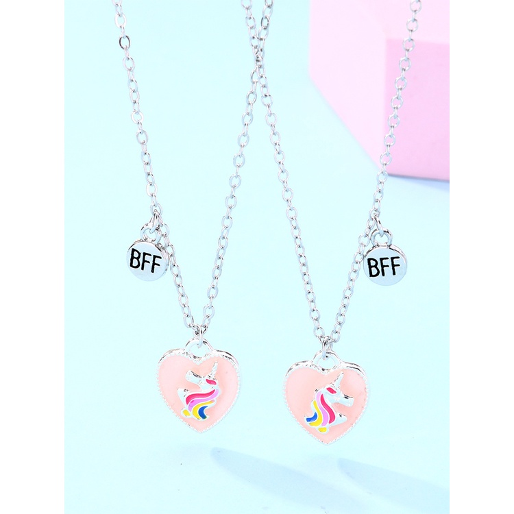 2pcs / Set Kalung Rantai Dengan Liontin Unicorn Hati Warna-Warni Untuk Hadiah Persahabatan