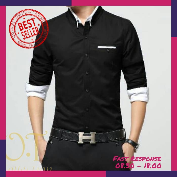 [Mr Black Ot] Kemeja Pria Katun Strech Lengan Panjang Hitam