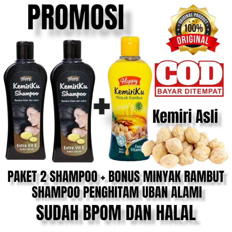 Paket PROMOSI Shampo Kemiri dan Minyak Kemiri Perawatan Rambut Penghilang Uban dengan Kandungan Kemiri Asli 100% / Black Shampoo Cultusia Happy