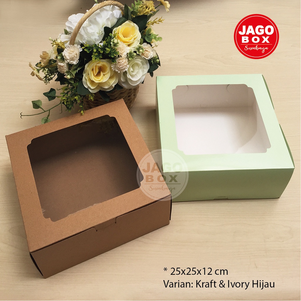 Box Kotak Dos Kue / Roti / Tart 25x25x12 cm Kraft Tebal + Mika