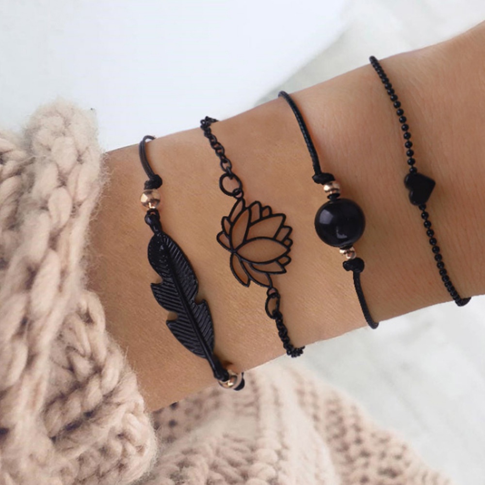 4 Pieces / Set Fashion Simple Black Pearl Love Leaf Lotus Bracelet / Fashion Braided Handmade Bangles