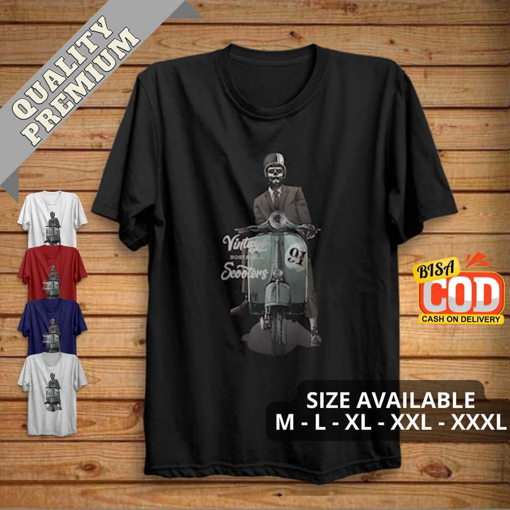 Tshirt Baju Kaos Distro Unisex Gambar Vespa Tengkorak Vintage Scooter