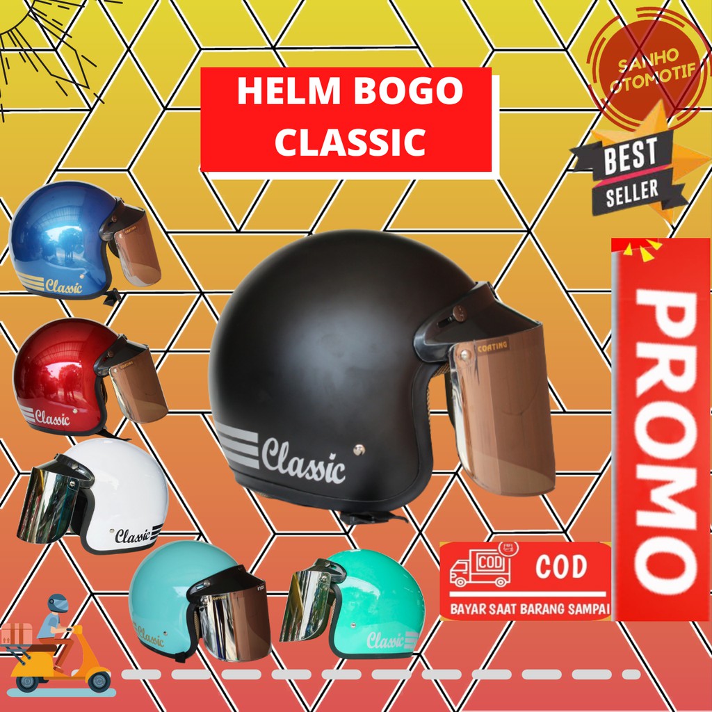 Helm Bogo Retro Classic Dewasa Wanita Pria Full Leher Kaca Datar Flat Silver SNI