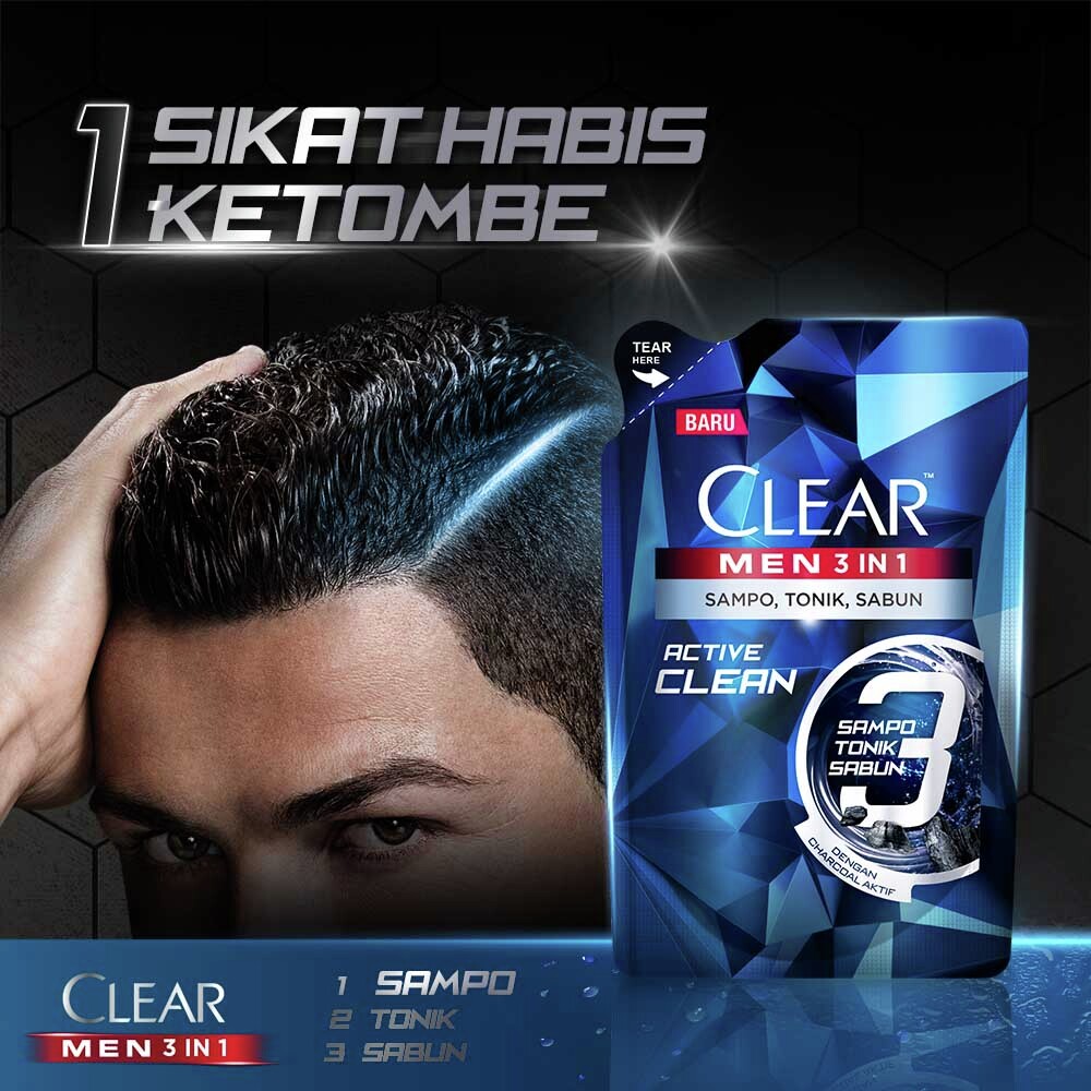 CLEAR Men Shampoo Anti Ketombe 3 in 1 Clean Active Sampo Tonik Sabun 48 Jam Perlindungan Aktif 160mL