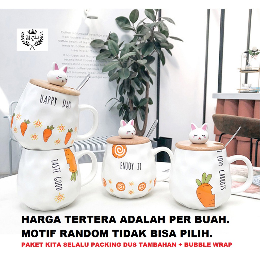 Cangkir Keramik Happy Day Gift Set Ceramic Mug 400 ml dengan Tutup dan sendok