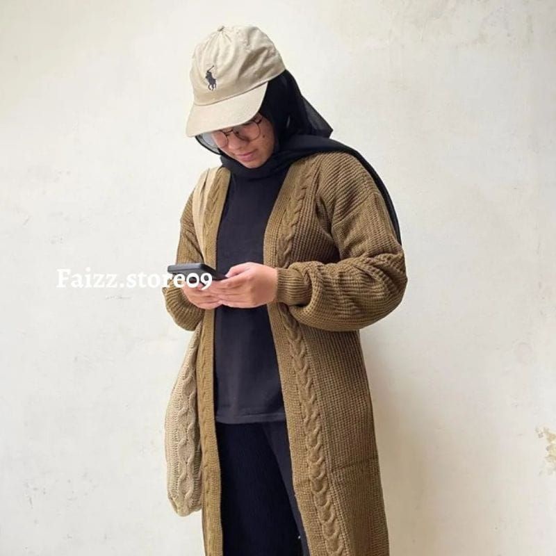 LONG CARDY RAJUT OVERSIZE MOTIF CABLE - CARDIGAN RAJUT PANJANG Wanita TEBAL MURAH
