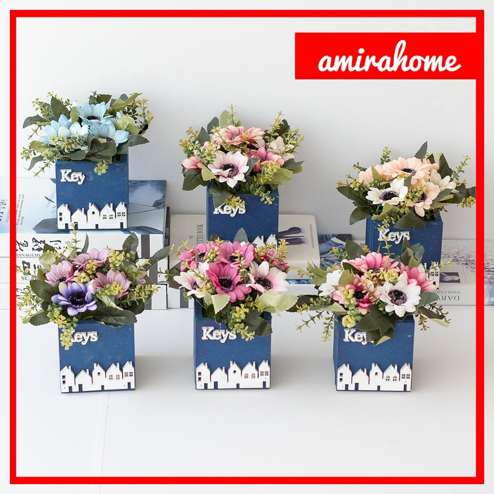 ARTIFICIAL POT KOTAK / Hiasan plastik / pajangan bunga Artificial / motif Daisy / bunga matahari