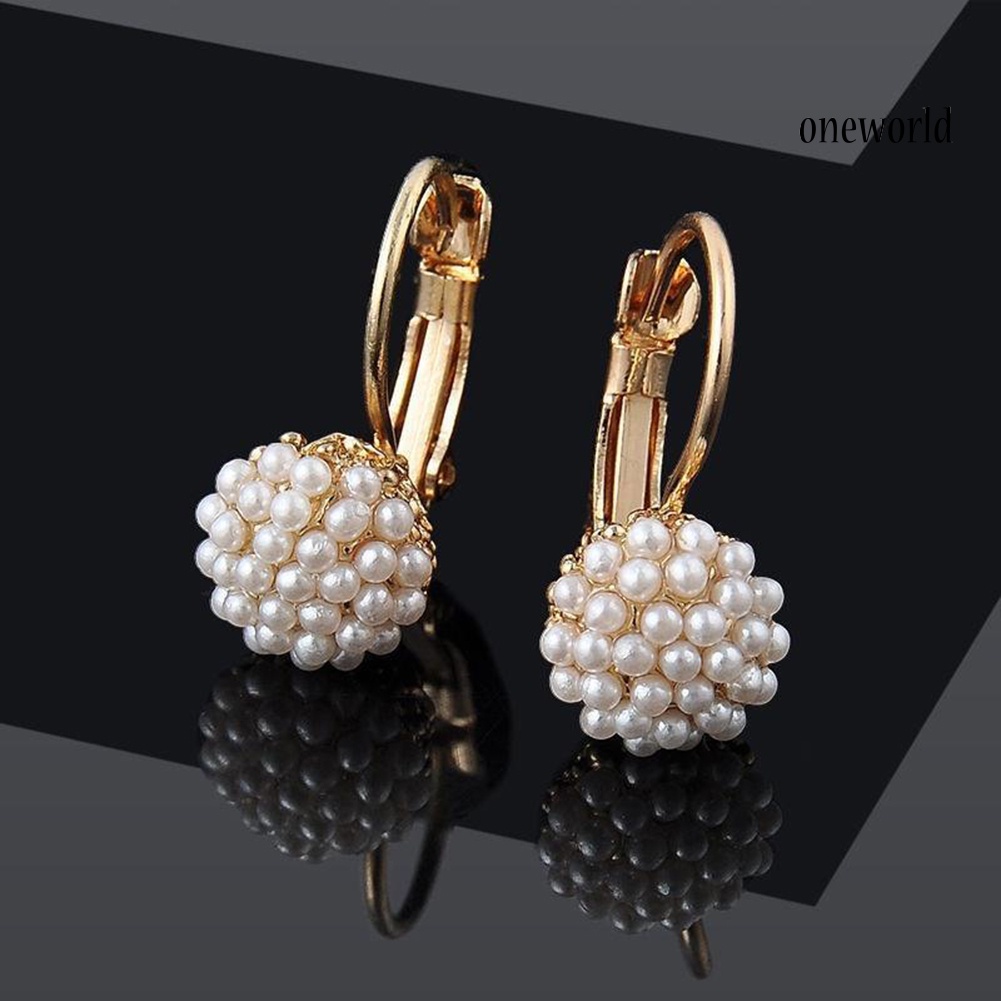 OW@ Fashion Women Round Faux Pearl Charm Leverback Earrings Piercing Jewelry Gift