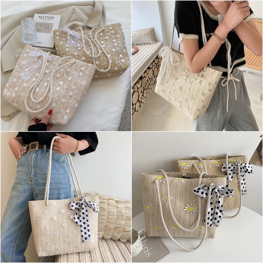 DBCOL Tas Tote Wanita Bahan Anyam Jerami Motif Lace Pita/Totebag Fashion Korea Motif Lace Pita Impor