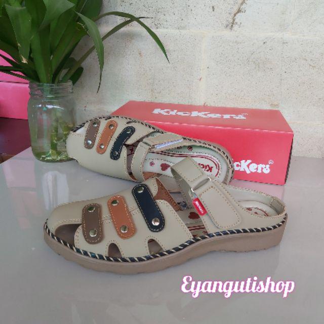 SL.62 Sandal kickers wanita model terbaru 2022 / Sandal Kickers kasual  / Kickers sandal tutong wanita / sandal Kickers kulit / sandal slop Kickers-Krem