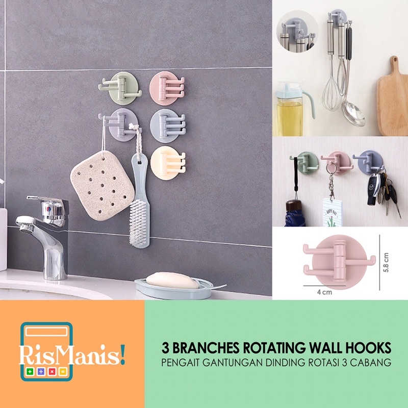 3 BRANCHES ROTATING WALL HOOKS - Pengait Cantolan Gantungan Tempel Dinding Serbaguna Rotasi 3 Cabang