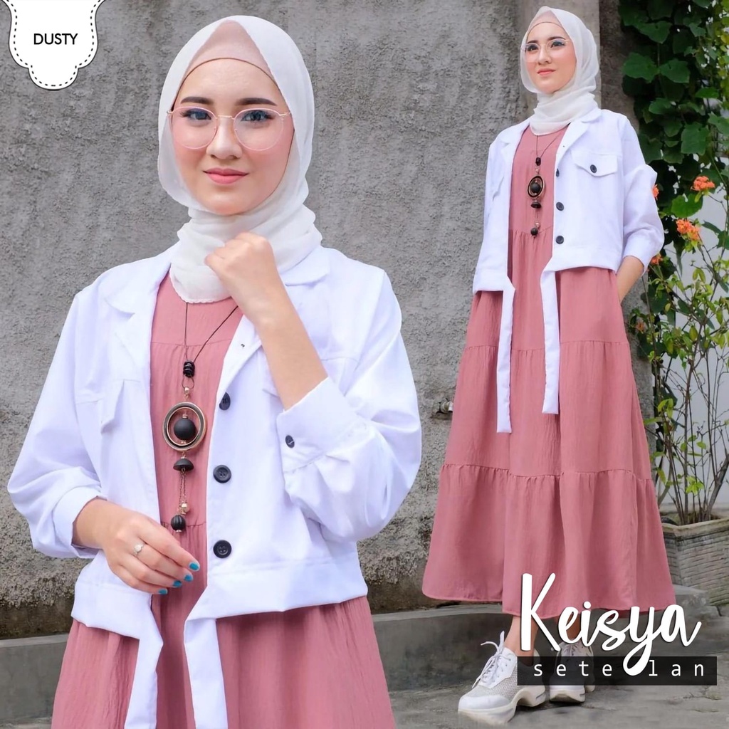 SET KEISYA 2IN1 FASHION PAKAIAN WANITA SET INNER DAN OUTER BAHAN MOSCREPE JCHM