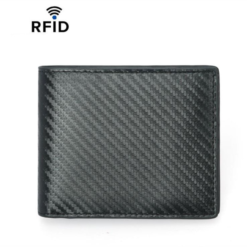 Dompet Lipat Pria dengan Anti RFID Blocking Anti Maling Magnetic RFID Aman untuk Kartu ATM Credit Card Emoney Trans Jakarta Kartu Akses Masuk Genuine Leather Men's Card Holder Carbon Fiber Grain Anti-theft Brush Wallet Cowhide Short RFID Wallet