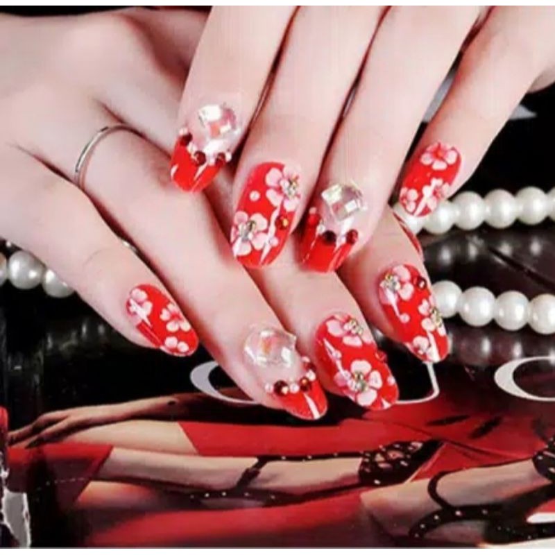 Kuku palsu fake nail wedding nail art warna merah