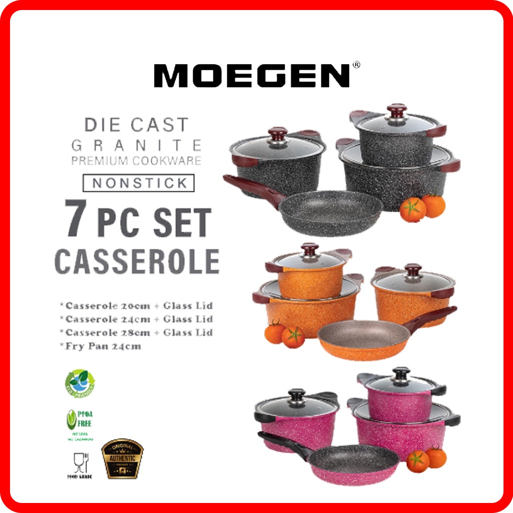 Moegen Germany 7 Pcs Granite Series Casserole & Fry Pan Anti Lengket Original / Panci Casserole Set 