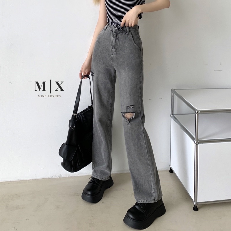 JEANS IMPORT RIPPED GRAYISH CELANA HIGHWAIST WANITA CEWEK PANJANG IMPORT MX841