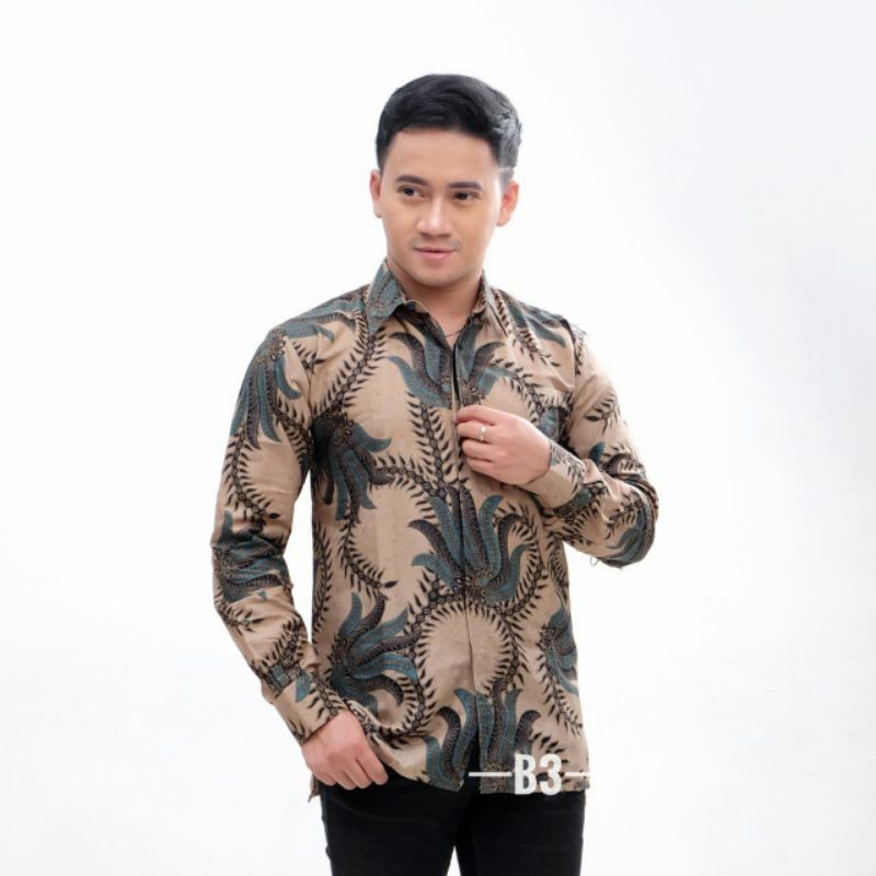 Batik Pria Lengan Panjang WIJOYO BATIK HRB026 motif KERATONAN Kode 002 Reguler Fit Seragam Kantor-Cobis green