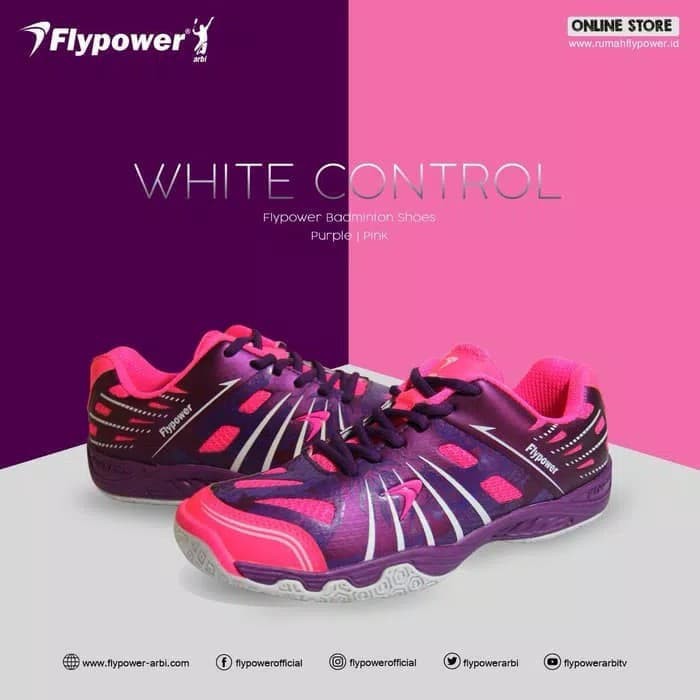 SEPATU BADMINTON FLYPOWER WHITE CONTROL PURPLE/PINK