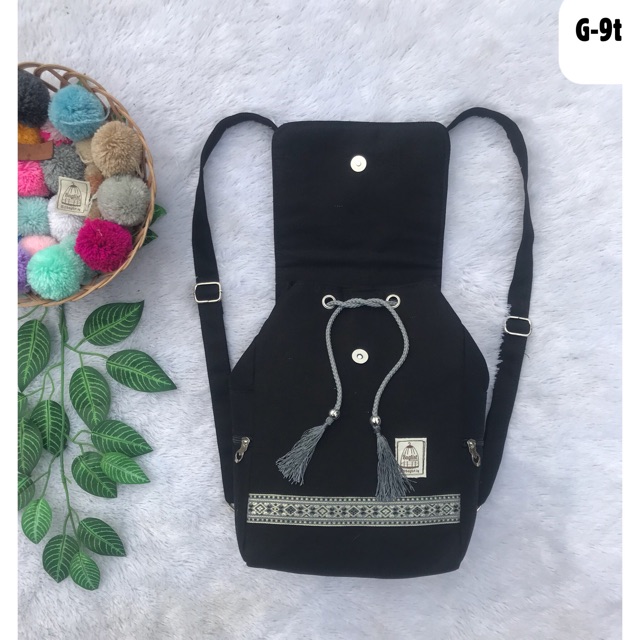 Ginny Backpack kode G9t Hitam Renda Abu Tas Kanvas Canvas Serut Polos Sekolah Ransel Kerja muat notebook 10,6 inchi Aesthetic