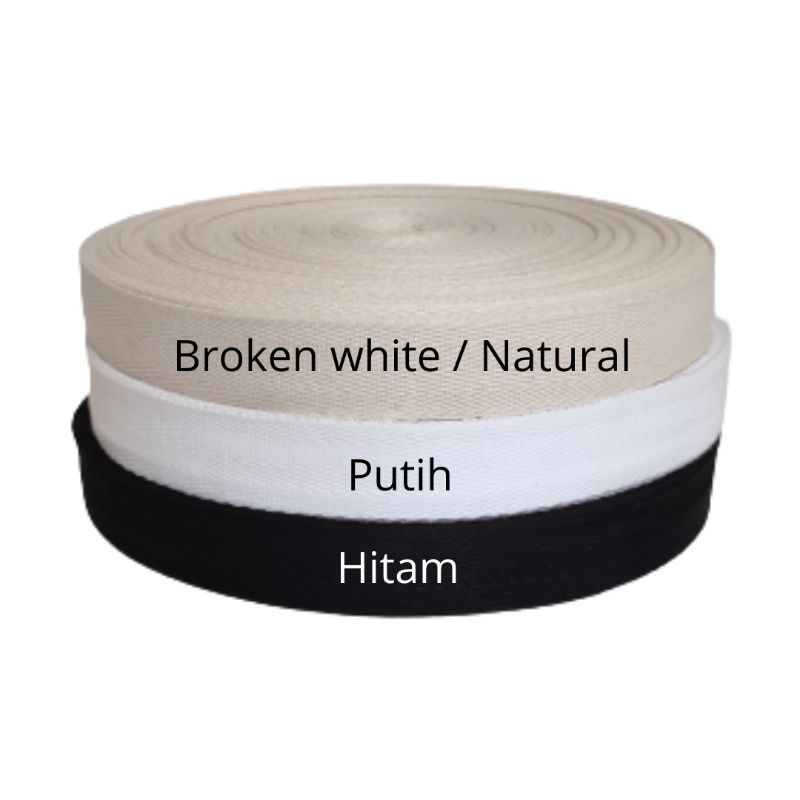 5m Bisban Twill tape katun 2.5 cm hitam, putih, natural