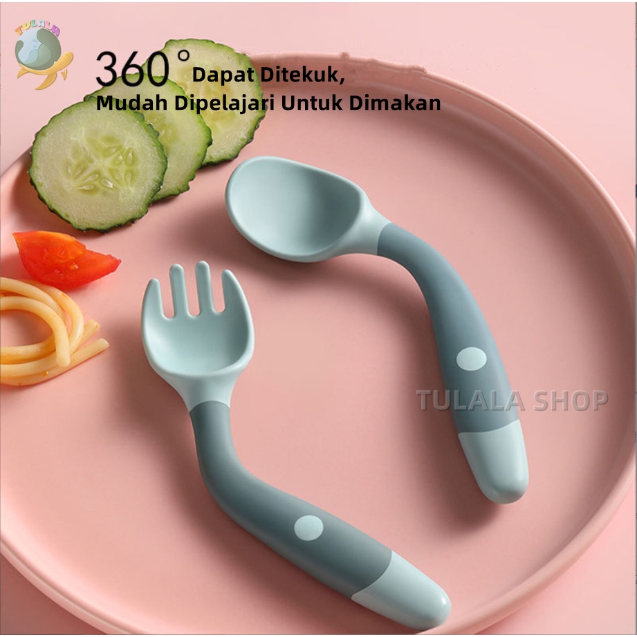 [TULALA SHOP]Sendok garpu bengkok anak-anak / Sendok garpu bayi memutar bayi portabel / 2 In 1 Garpu + Sendok / Portable Bayi Sendok Garpu Belajar Makan Sendok Ditekuk Sendok Garp