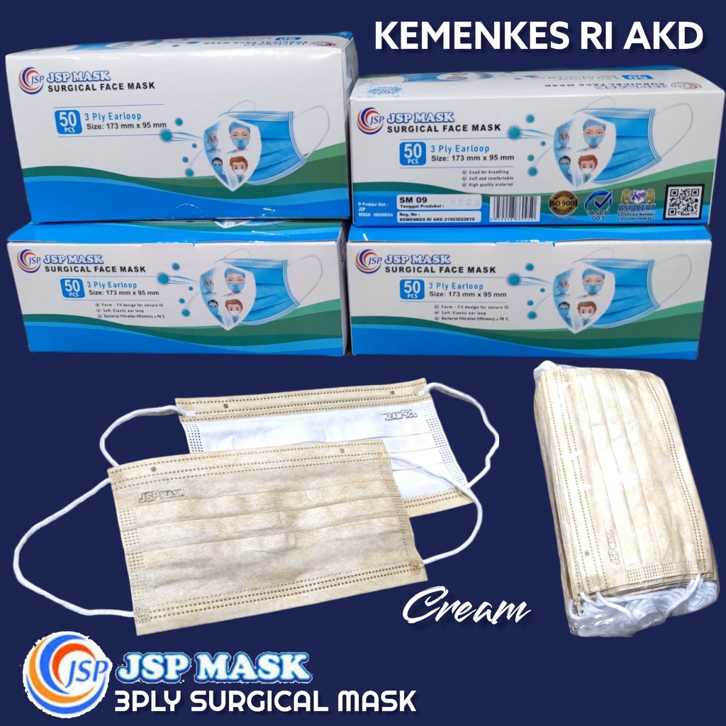 MASKER MEDIS JSP 3 PLY SURGICAL MASK EARLOOP HIJAB ISI 50 PCS KEMENKES RI AKD