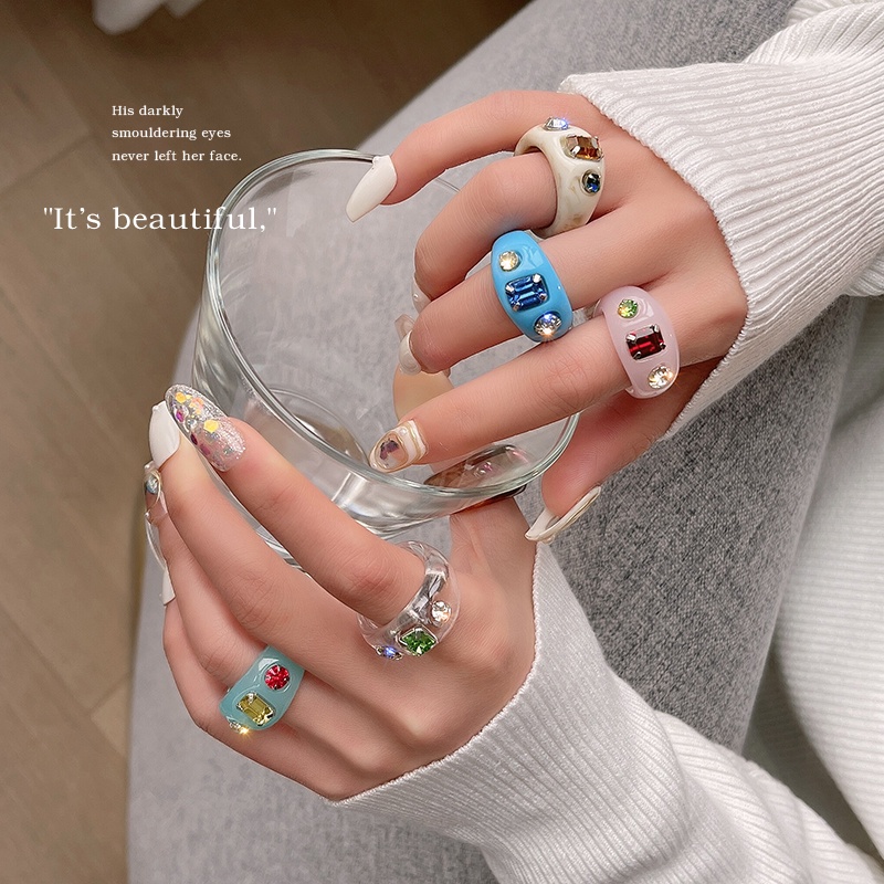 YEEZII Korean Retro Colourful Resin Acrylic Rhinestone Geometric Rings Women Jewelry Gifts