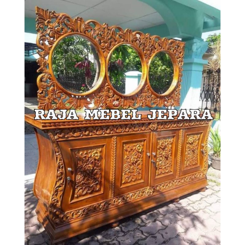 bufet hias ukir biola jati, bufet meja hias jati furniture jepara