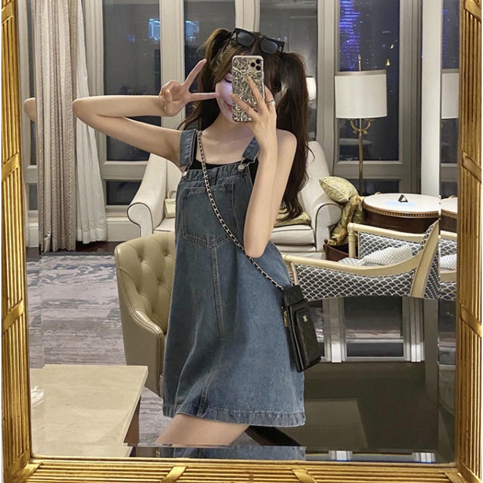 Rok suspender denim wanita musim panas versi Korean Style rok pendek longgar ramping Jumpsuit