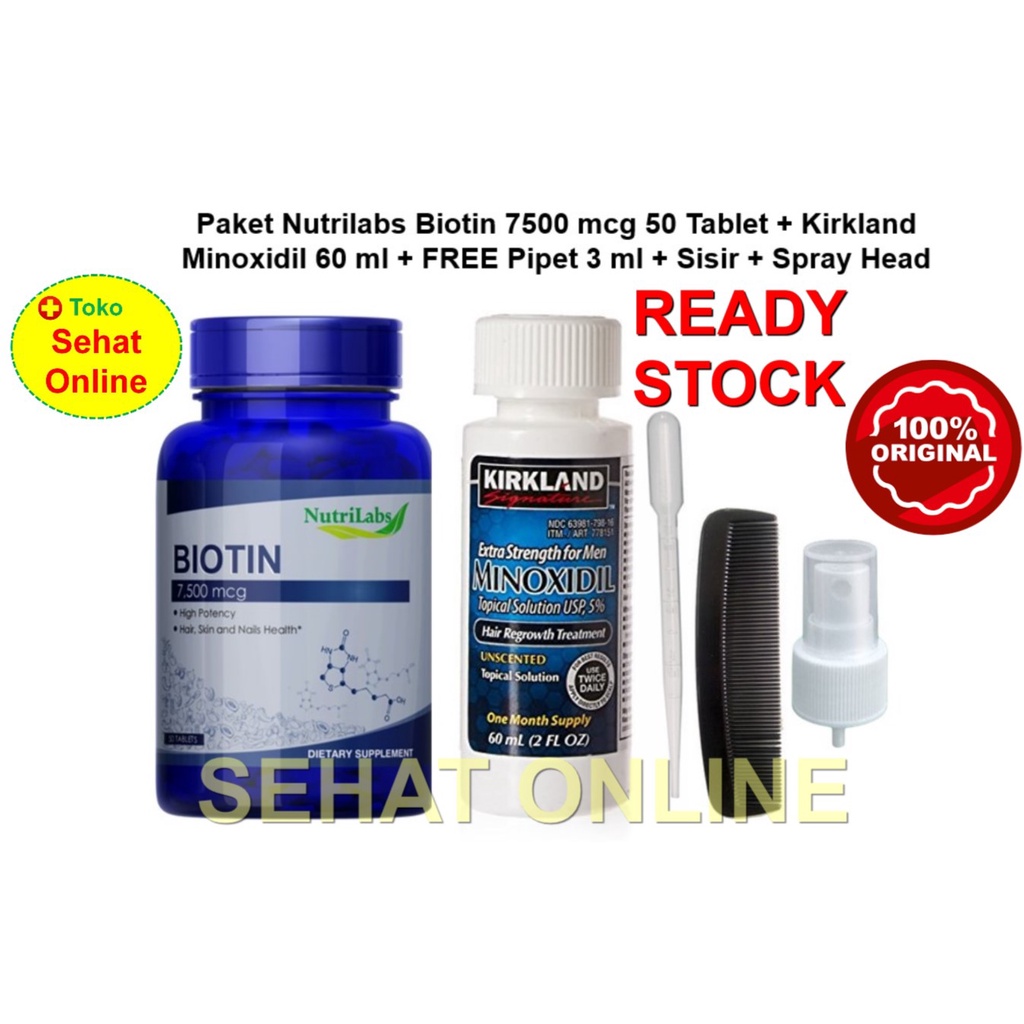 Paket Kirkland Minoxidil 60ml + Nutrilabs Biotin 7500 mcg USA