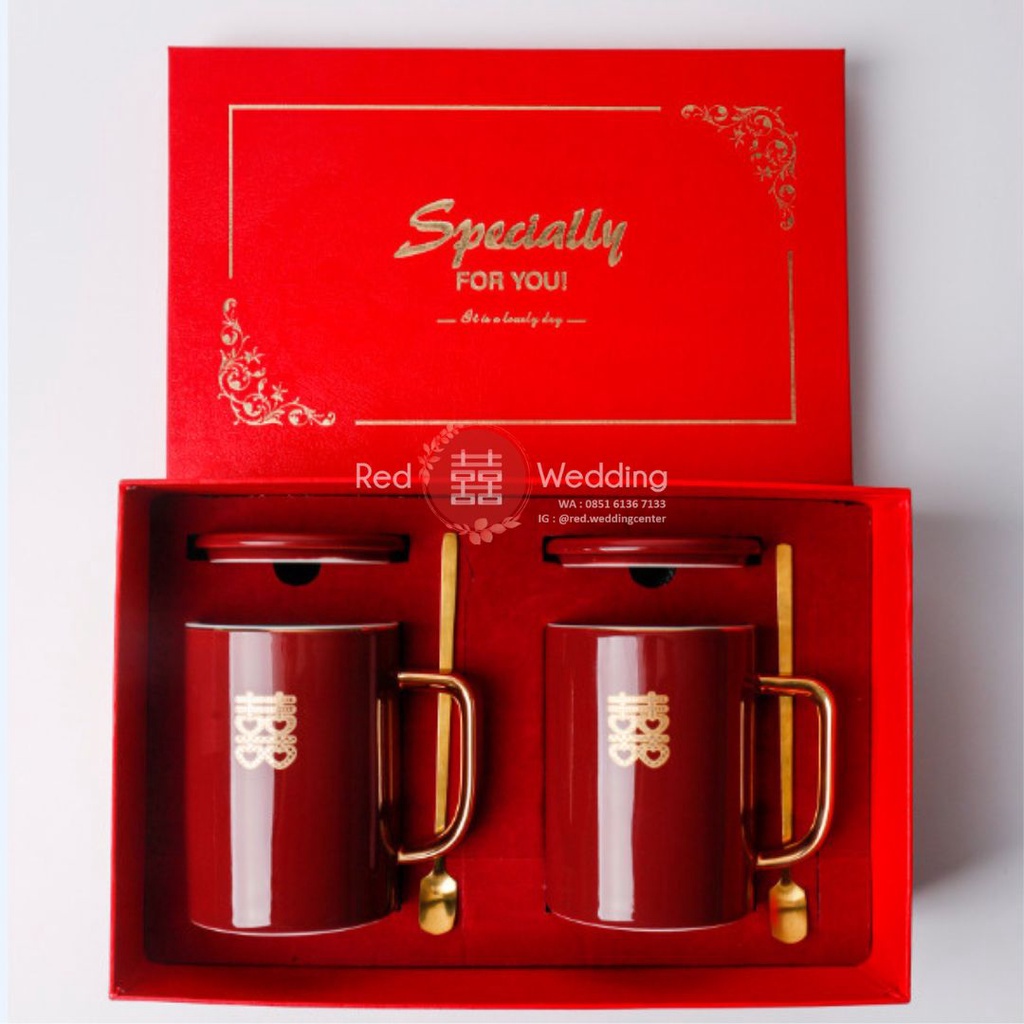 Gift Set Gelas Wedding Coffee Mug Bahan Keramik Warna Merah Motif Love Shuang Xi Double Happiness dapat Gift Box