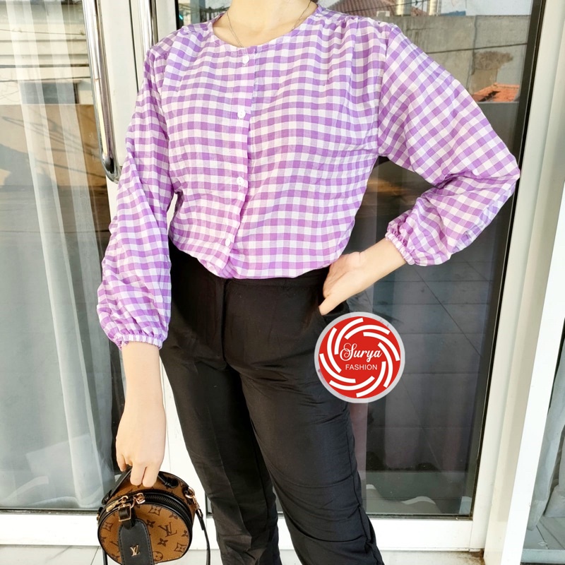 KAYOUNG BLOUSE | MISAN BLOUSE POLKA TOP ATASAN WANITA KOREAN STYLE-KOTAK UNGU LILAC