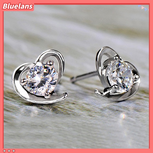 Anting Stud 925 Sterling Silver Bentuk Hati Kubik Zirkonia Untuk Wanita