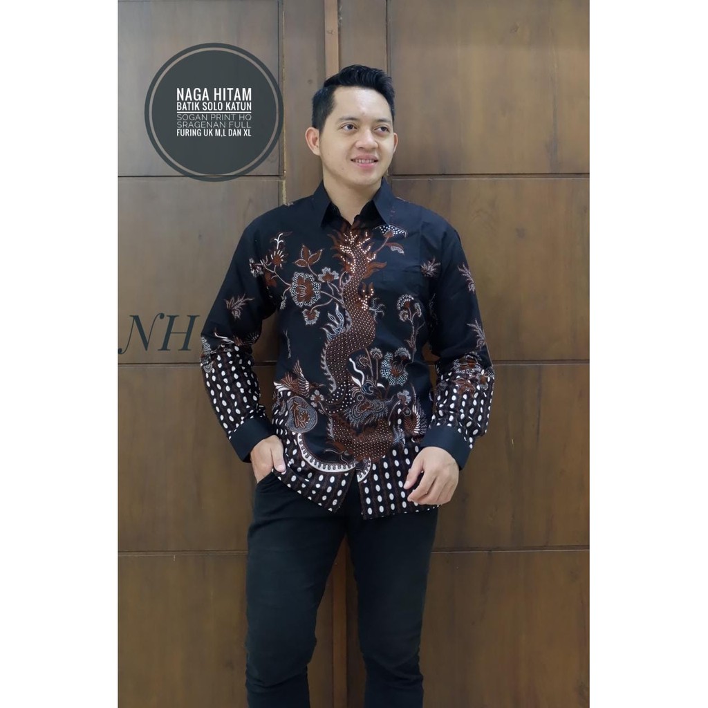 NAGA HITAM Kemeja Batik Pria Katun Sragenan Full Furing