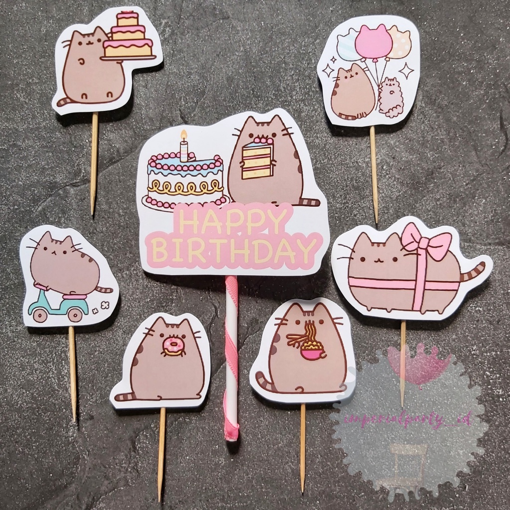 Cake Cupcake Topper Tusukan Kue Happy Birthday Pusheen Cat Kucing