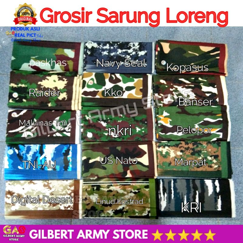 Grosir Sarung loreng Bermacam Motif Camo Kopasus Malvinas Brimob Pelopor Kko Marinir Linud Kostrad Tni Au Raider Paskhas GILBERT ARMY STORE kain sutra Halus