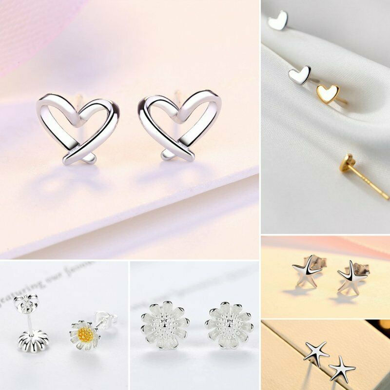 925 Silver Zircon Pearl Women Heart Flower Mini Earrings Ear Stud Jewelry Gifts