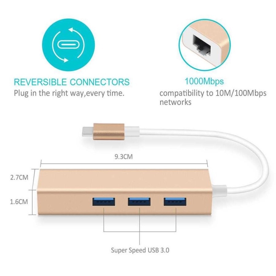 Type C 3.0 to 3 Ports USB Hub 3.0 with RJ45 Gigabit Ethernet- Type C