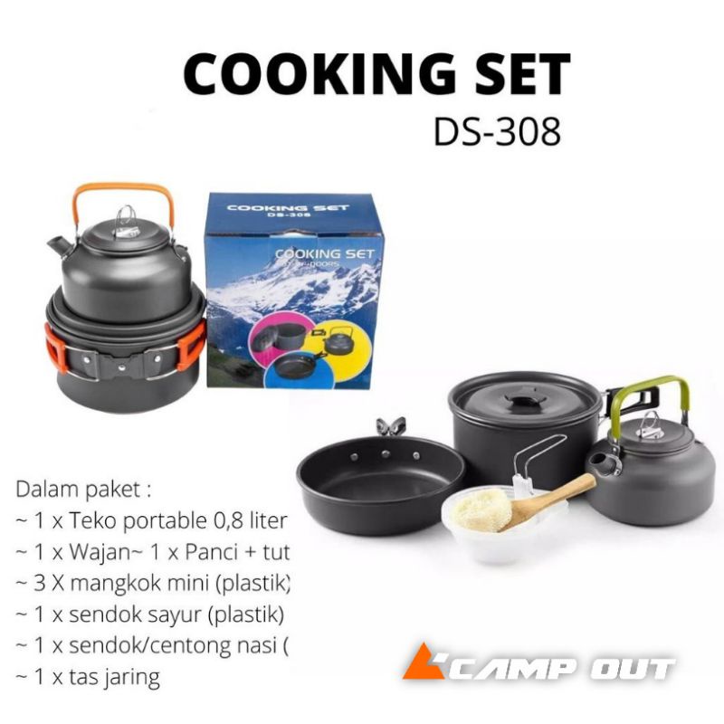 DS308 Nesting outdoor dengan teko portable - DS-308 Nesting Misting - ALAT MASAK CAMPING DS 308- COOKING SET DS 308