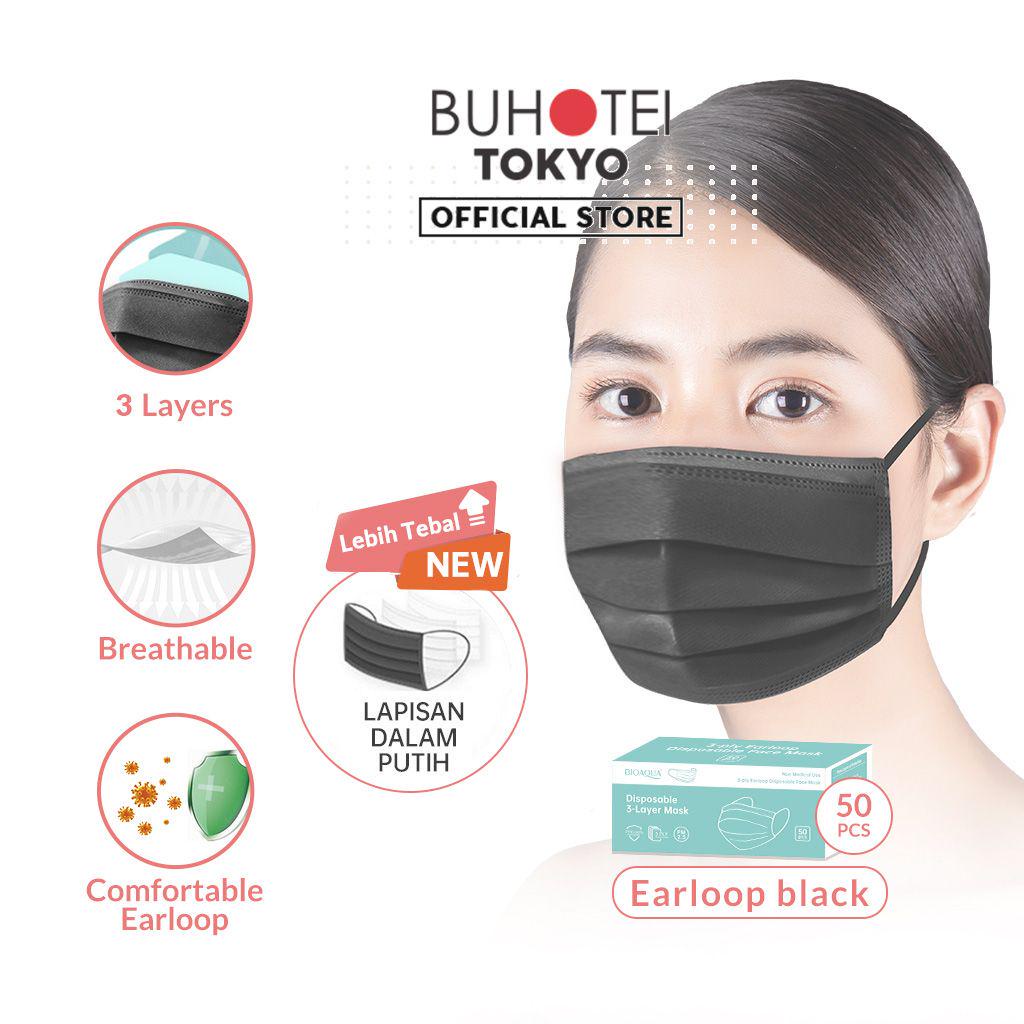 BUHOTEI Disposable Masker wajah EVO Earloop Face Mask Kesehatan masker medis-Black 50pcs/ Box