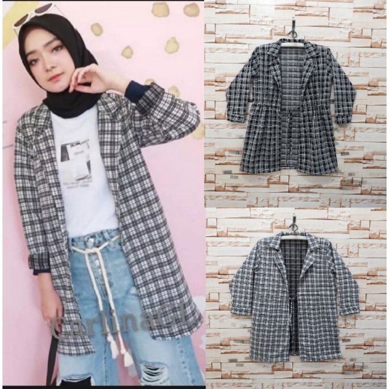 cardigan kera motiv kotak tangan panjang wanita/blezer/longcardy