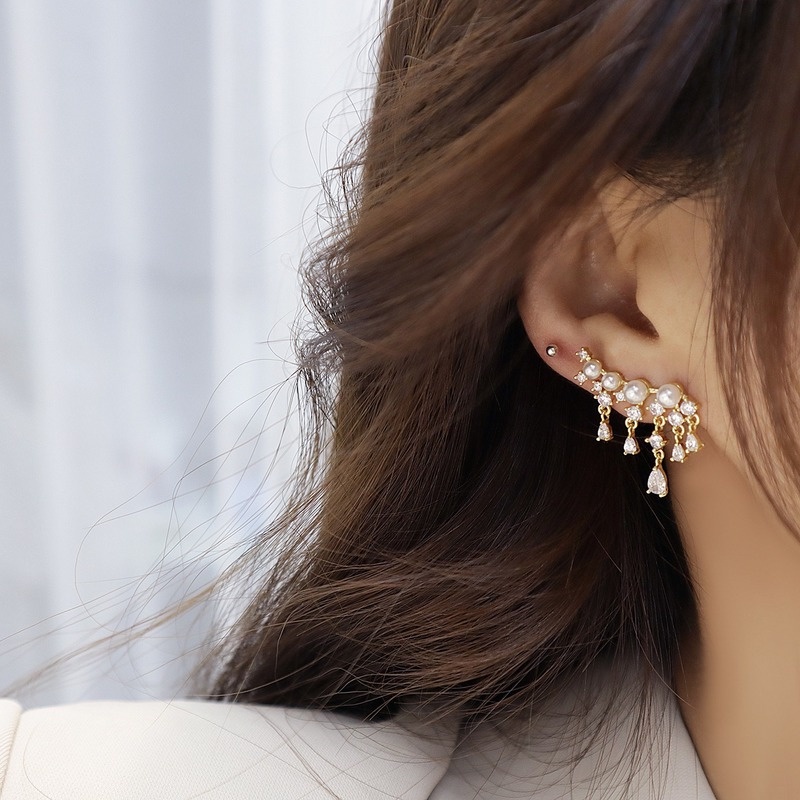 Anting Tusuk Gantung Temperament Hias Zircon + Mutiara Gaya Trendy / Simple Untuk Wanita