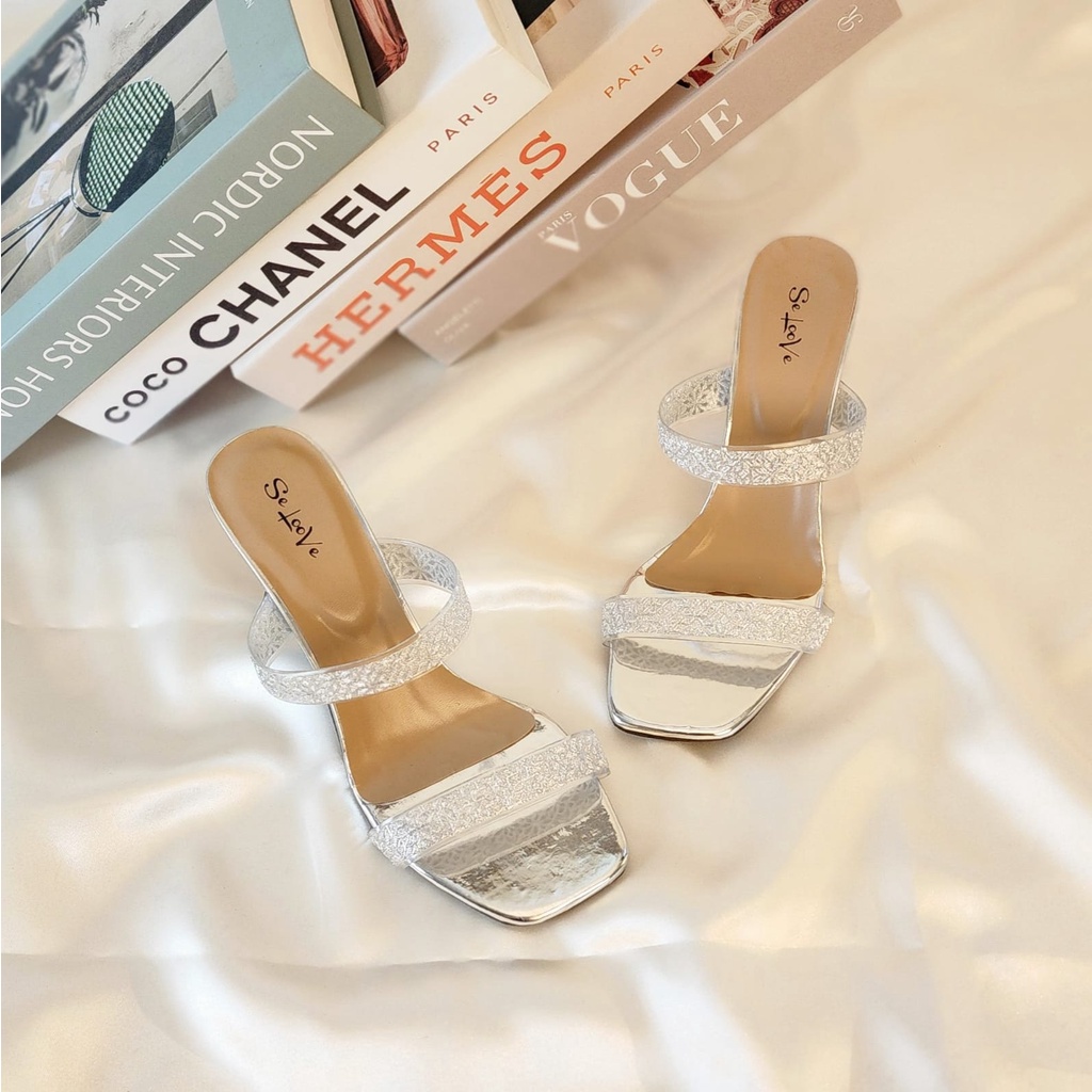 Arlaine - Elonia High Heels Wanita / Sandal Heels Wanita / Heels Brukat Kaca / Heels 7cm / Heels Pesta / Heels Kondangan