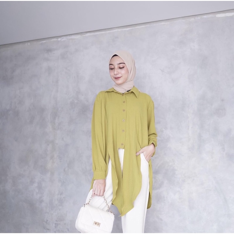 Feme Blouse  Crinkle Airflow Atasan Wanita Polos Kerah Tali depan LD 110 FIT TO XL Kancing Hidup Lengan Panjang OOTD Remaja Kekinian / RIRA TUNIK